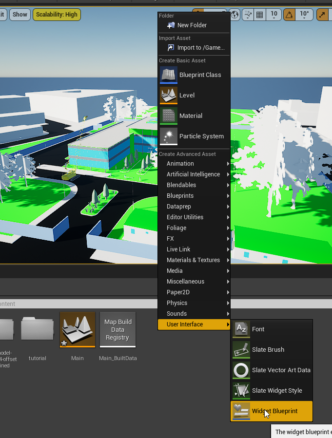 create a widget blueprint by using the add/import button in the Content Browser
